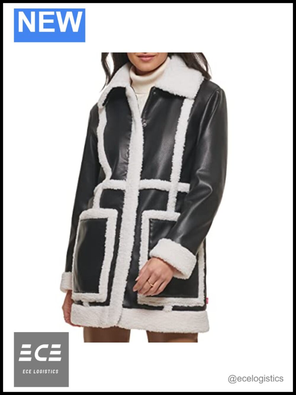 Women's Long Faux Leather Jacket with Faux Sherpa Trim Zipper Snap Closure